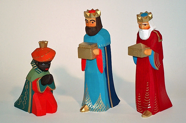 Sievers-Hahn Krippenfiguren Set mit den Heiligen Drei Königen , König kniend mit grünem Mantel