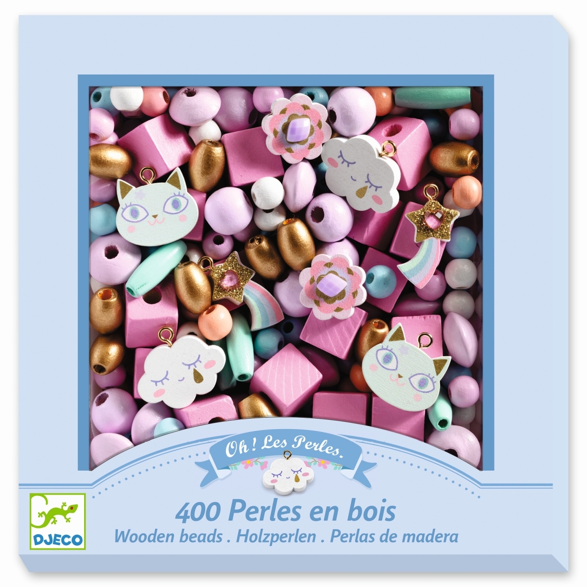 Djeco Schmuck-Set mit 400 Holzperlen, Grundfarben in rosa, ab 4 Jahren